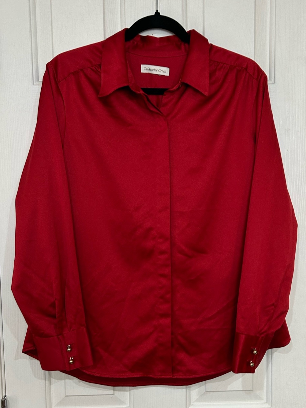 Coldwater Creek Red Satin Button-Down Long Sleeve Blouse Shirt